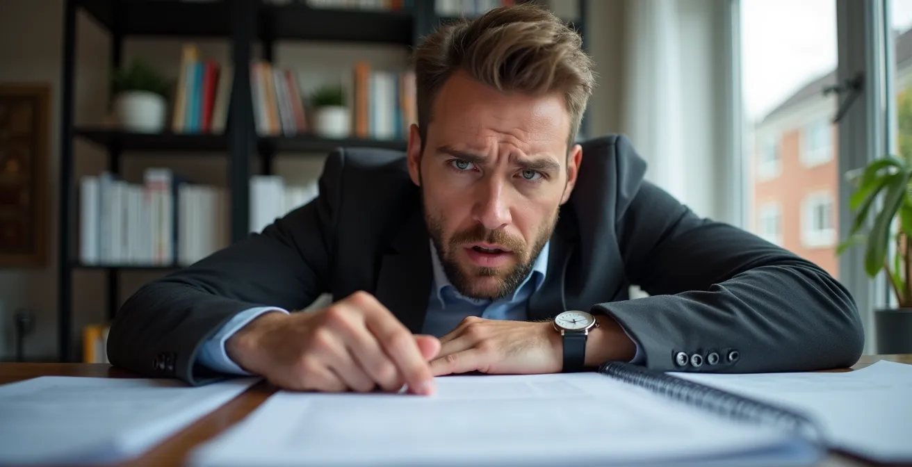 Personne analysant des documents financiers avec émotion préoccupée dans un bureau lumineux