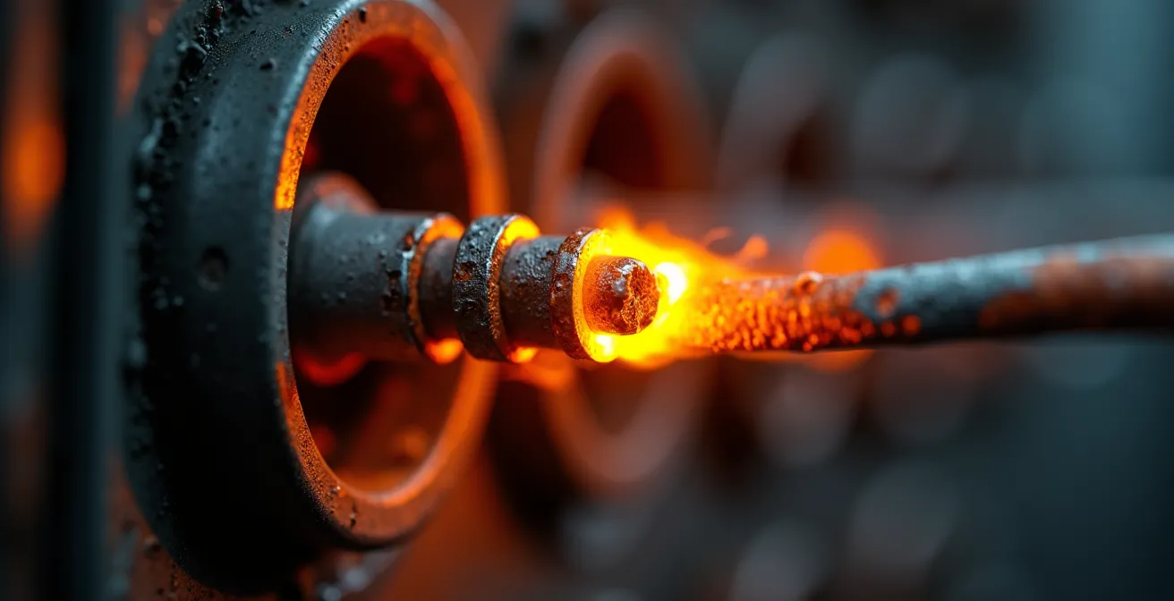 Gros plan extrême sur des connexions électriques surchauffées avec effet de chaleur visible dans un panneau électrique