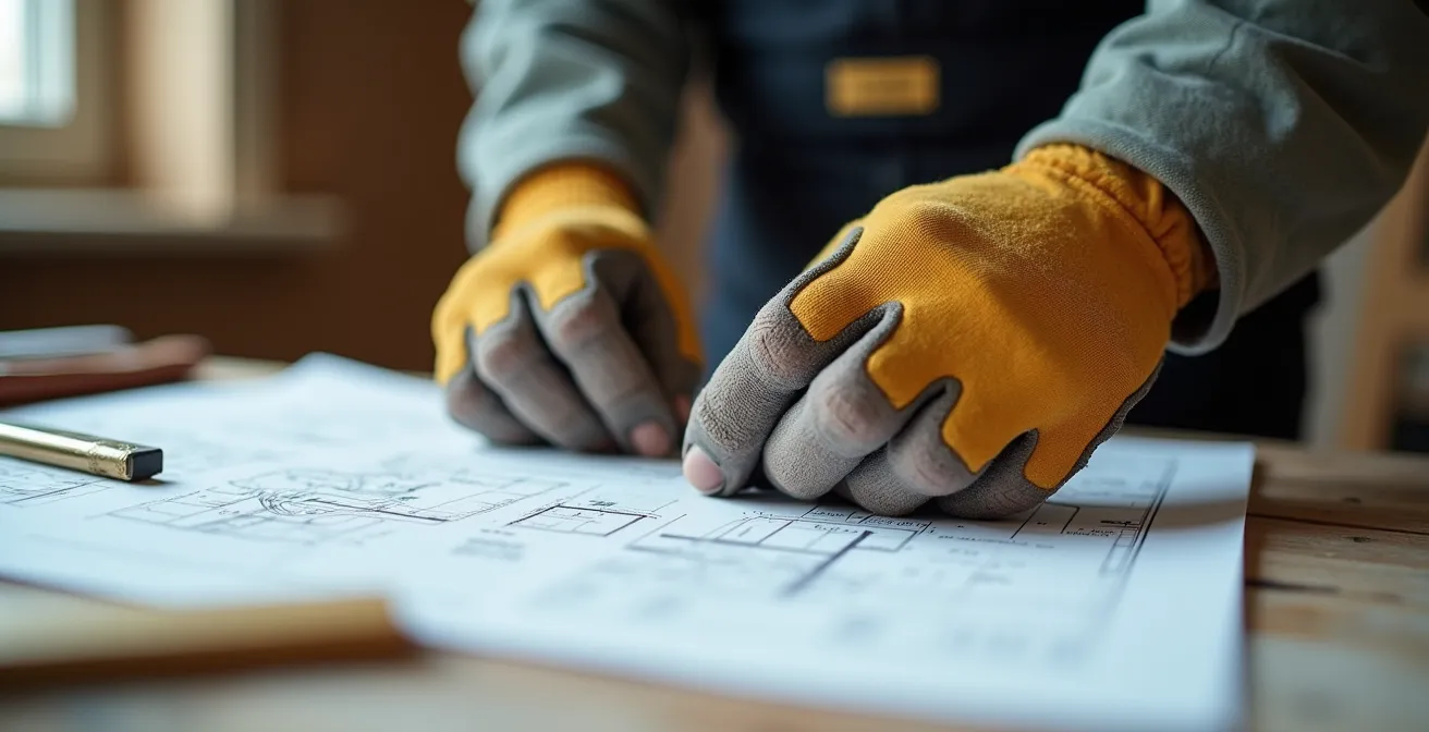 Autoconstructeur québécois examinant des plans de construction, symbolisant la planification et les responsabilités.