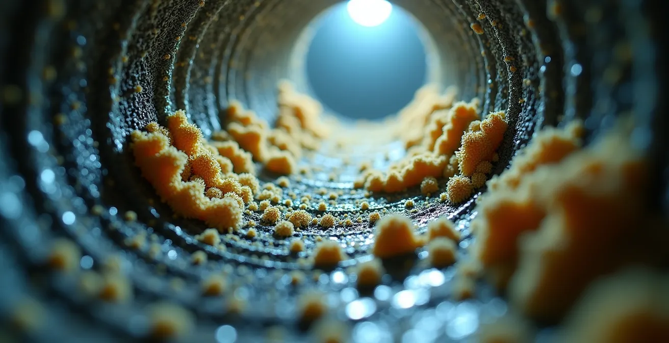Vue macro de l'intérieur d'un conduit de ventilation montrant l'accumulation de biofilm et de moisissures
