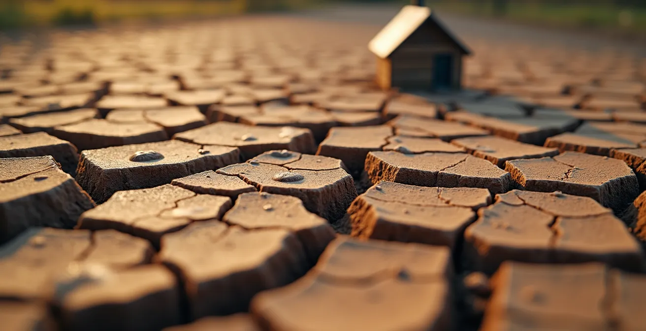 Vue aérienne stylisée montrant les zones d'argile sensible dans la vallée du Saint-Laurent au Québec