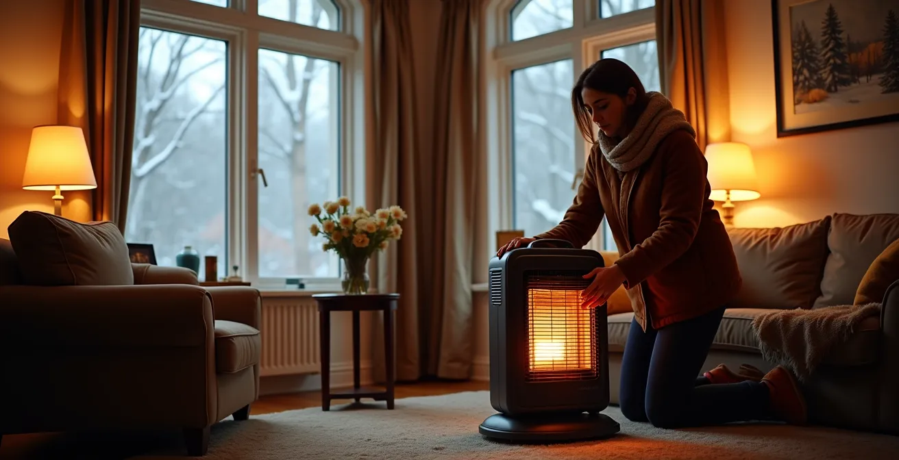 Radiateur électrique portable correctement installé avec espace de dégagement sécuritaire dans un salon québécois