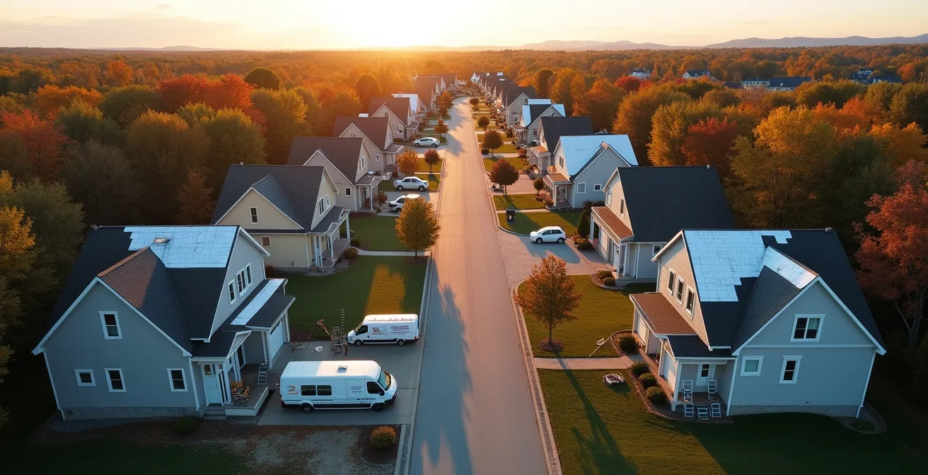 Vue aérienne d'un quartier résidentiel québécois avec maisons en rénovation énergétique