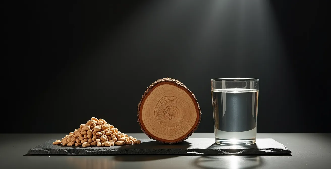 Graphique visuel montrant les émissions de CO2 comparées entre bois, granules et hydroélectricité québécoise