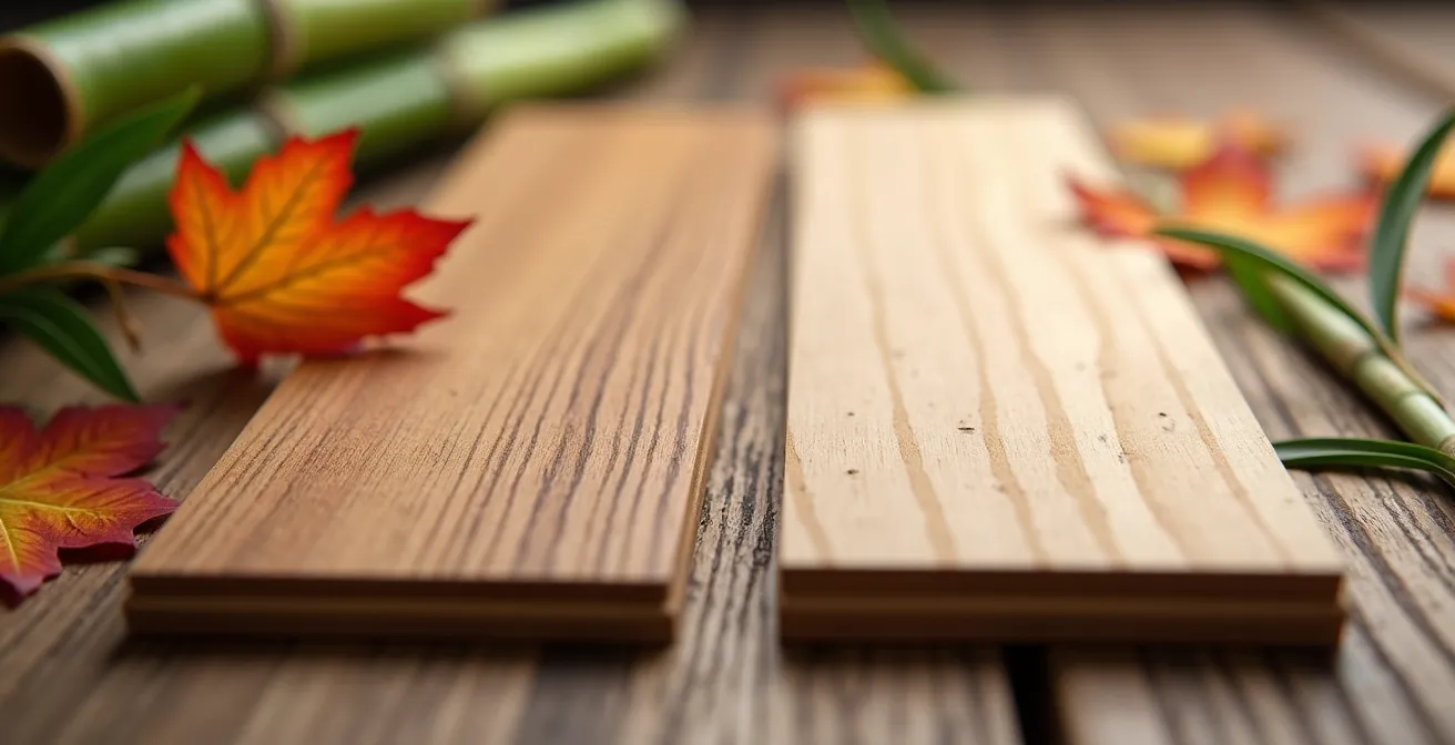 Échantillons de plancher en bambou et érable côte à côte avec leurs caractéristiques environnementales