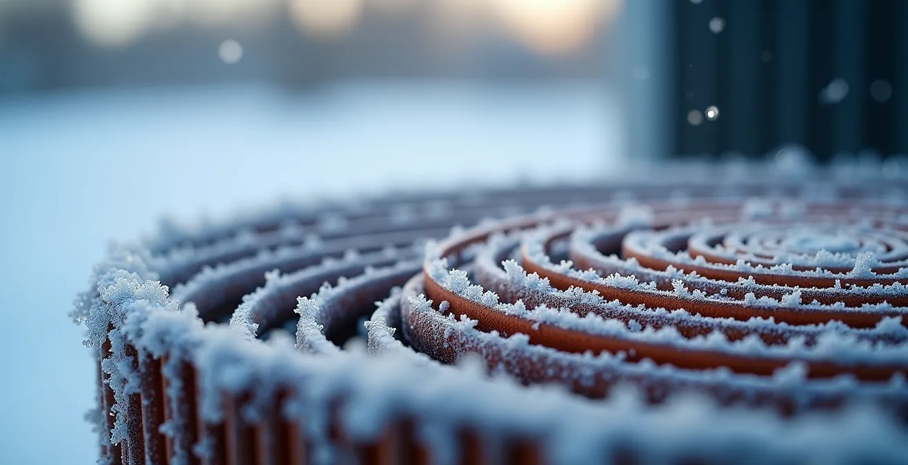 Vue comparative macro montrant les serpentins d'une thermopompe avec accumulation de givre et corrosion