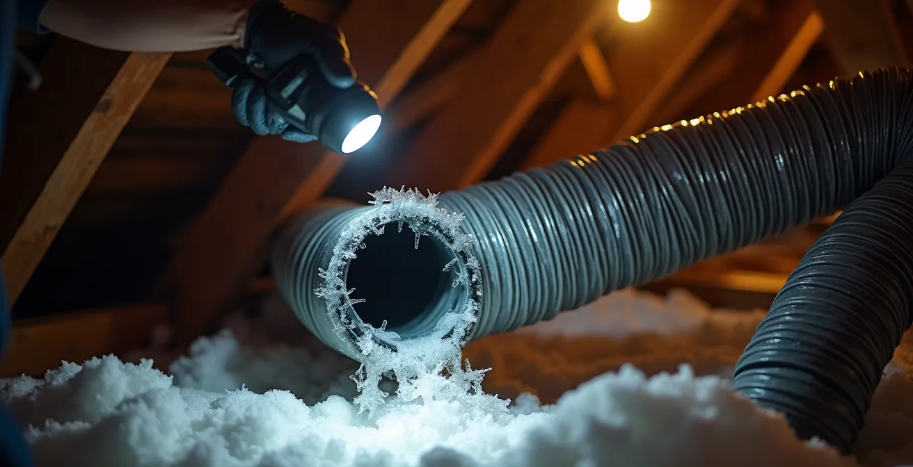 Vue en coupe d'un conduit de ventilation flexible et argenté, complètement écrasé dans un entretoit sombre.