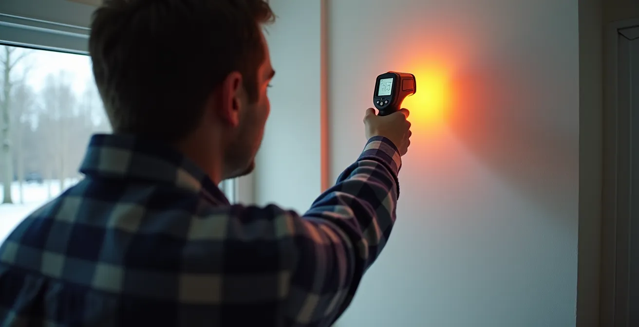 Détection de ponts thermiques avec un thermomètre infrarouge sur un mur intérieur