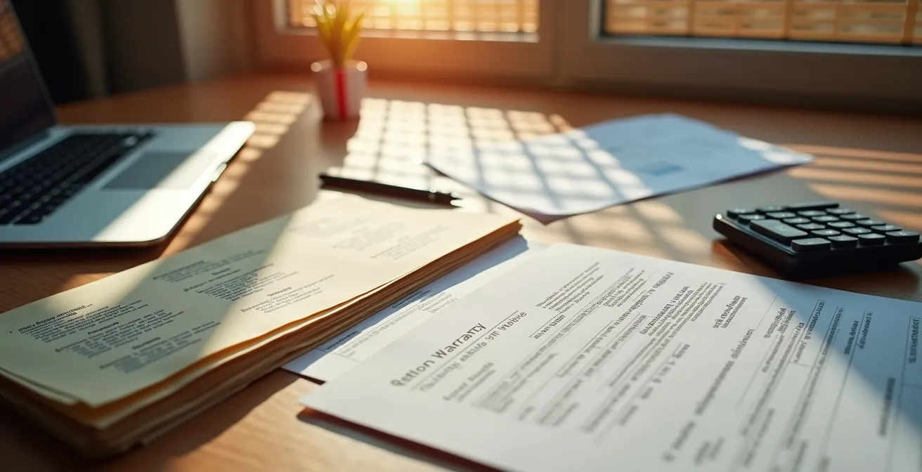 Bureau organisé avec documents de garantie et factures d'installation de thermopompe soigneusement classés