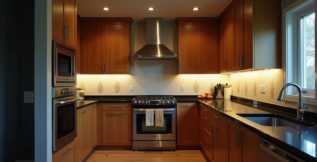 Vue d'angle d'une cuisine montrant l'effet caverne avec éclairage inadéquat créant des zones d'ombre sur les plans de travail