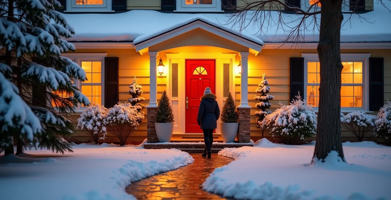 Entrée de maison québécoise en hiver avec porte rouge vif et aménagement paysager soigné