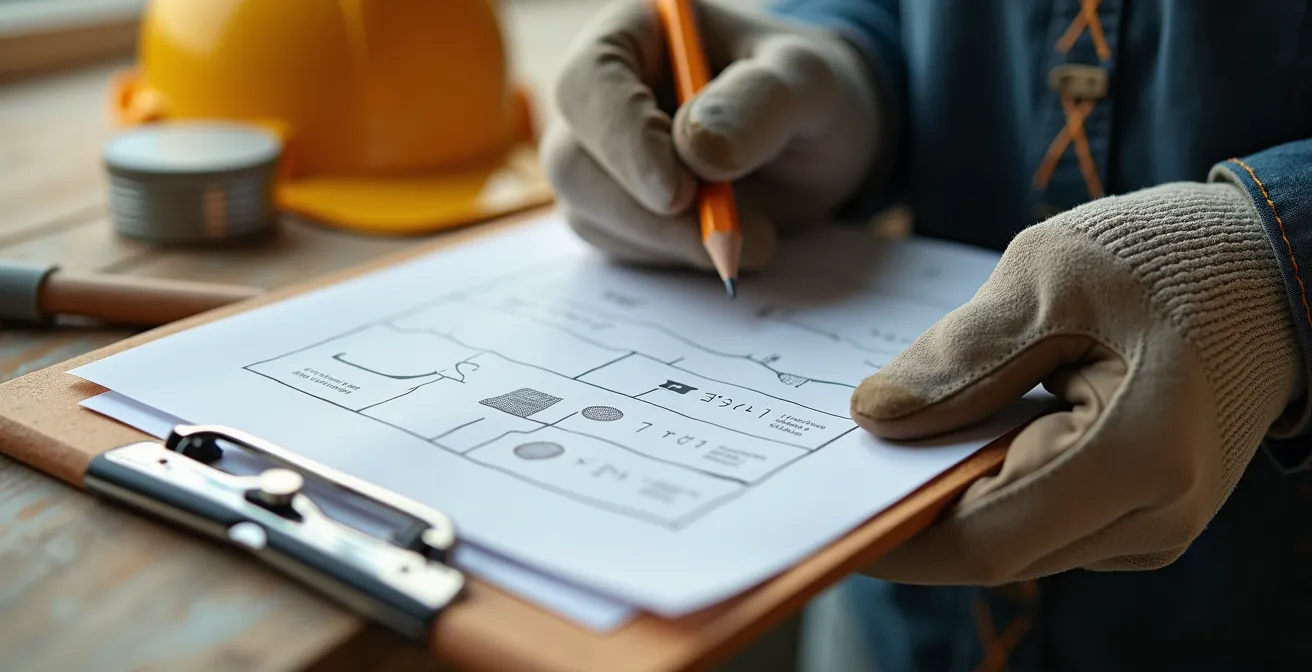 Entrepreneur québécois préparant une facture détaillée sur un chantier de rénovation