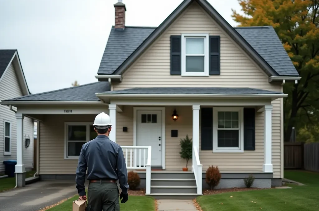 Un entrepreneur remet un devis détaillé à un couple de propriétaires devant une maison à rénover
