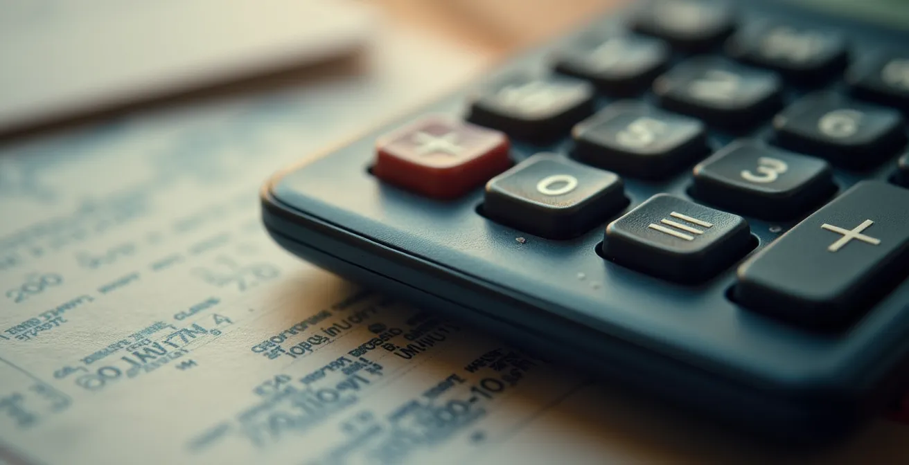 Gros plan sur documents administratifs flous avec calculatrice en arrière-plan suggérant complexité juridique