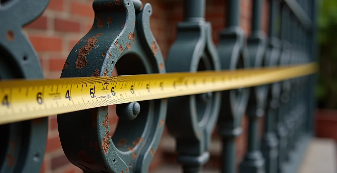 Vue rapprochée d'un escalier québécois avec ruban à mesurer montrant l'espacement entre les barreaux