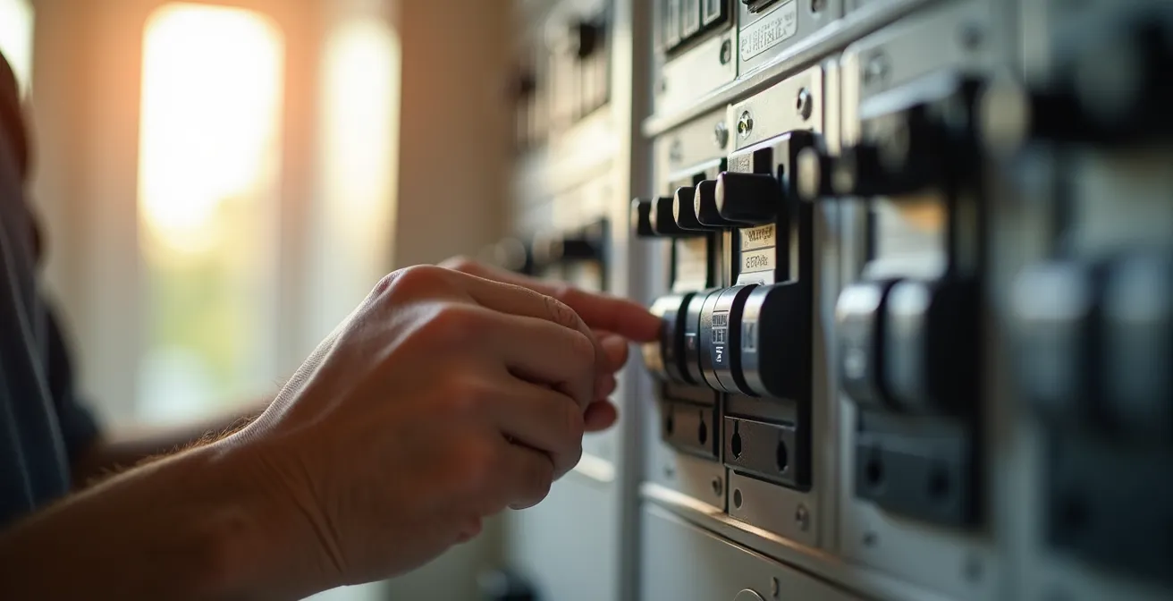 Main appliquant une étiquette sur un panneau électrique moderne bien organisé dans un sous-sol québécois