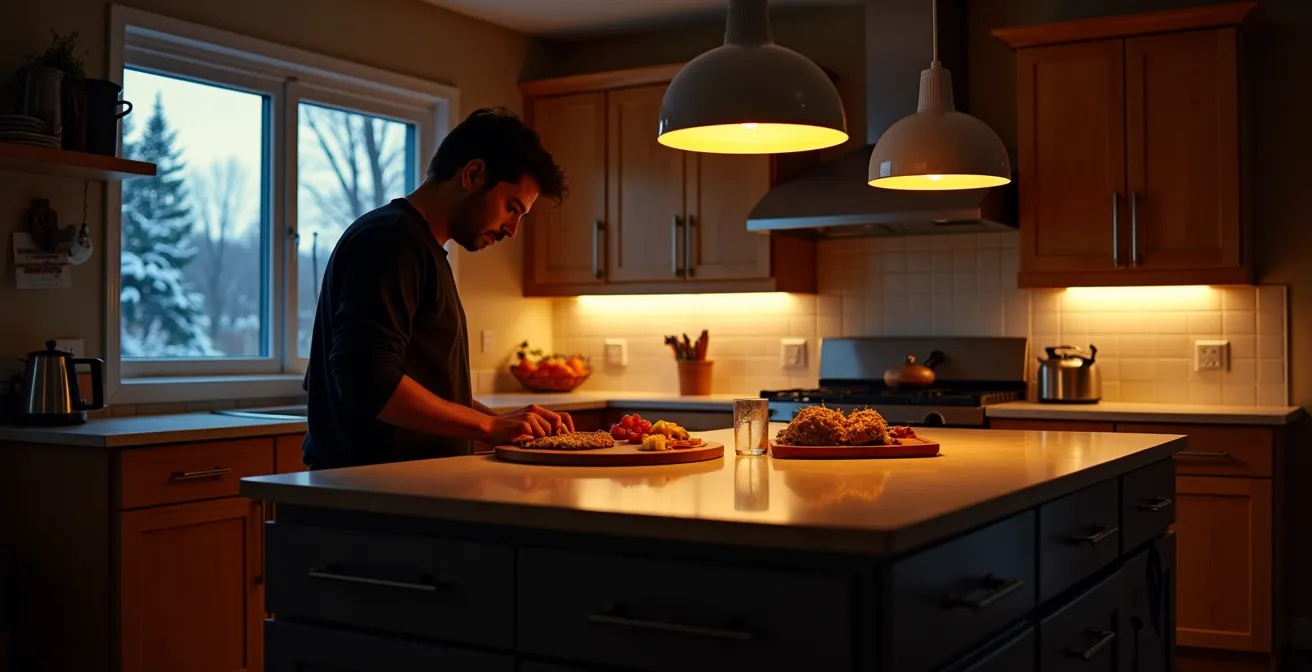 Cuisine québécoise montrant la transition d'éclairage du jour au soir avec différentes températures de couleur