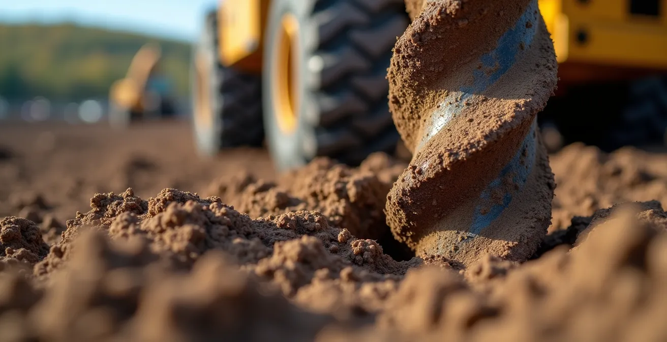 Foreuse géothermique en action dans un terrain résidentiel québécois