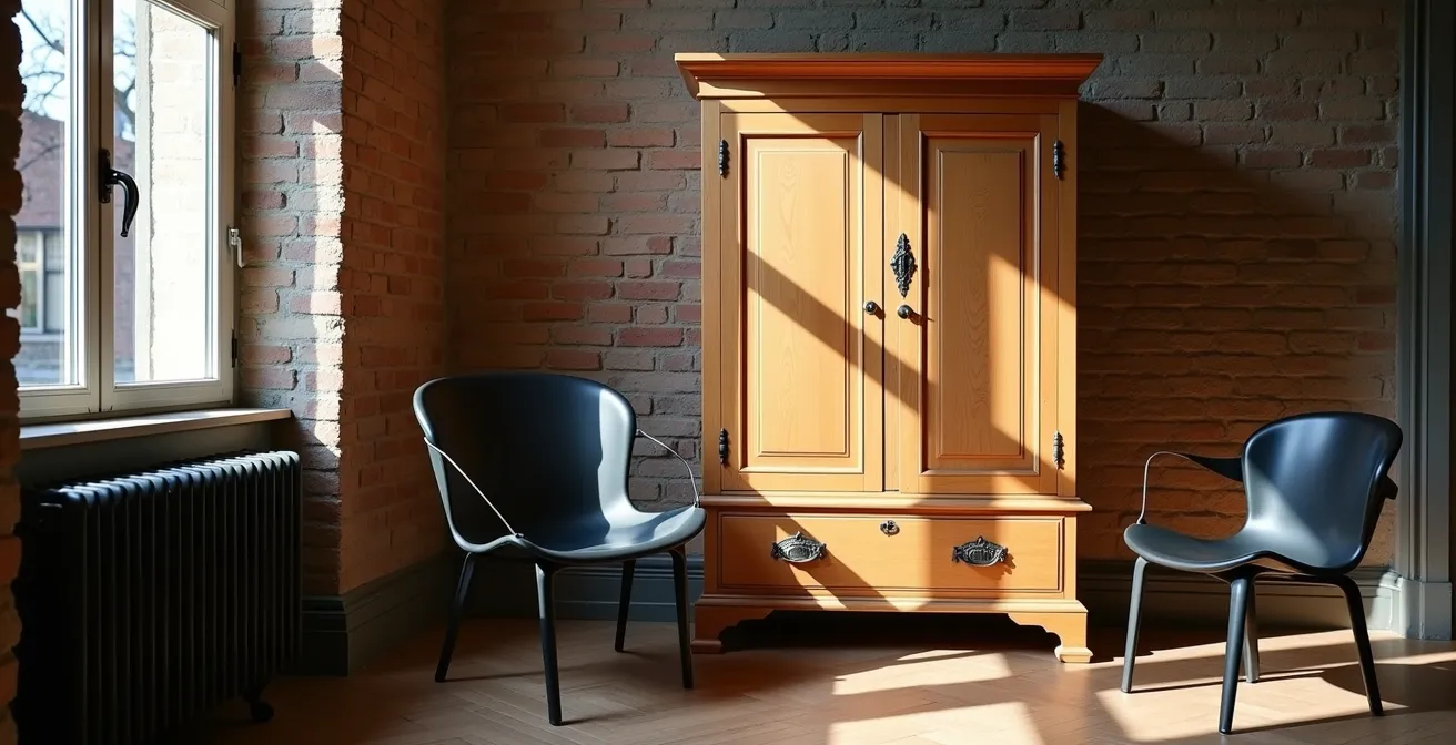 Salon québécois mélangeant armoire en pin antique et mobilier moderne en métal noir