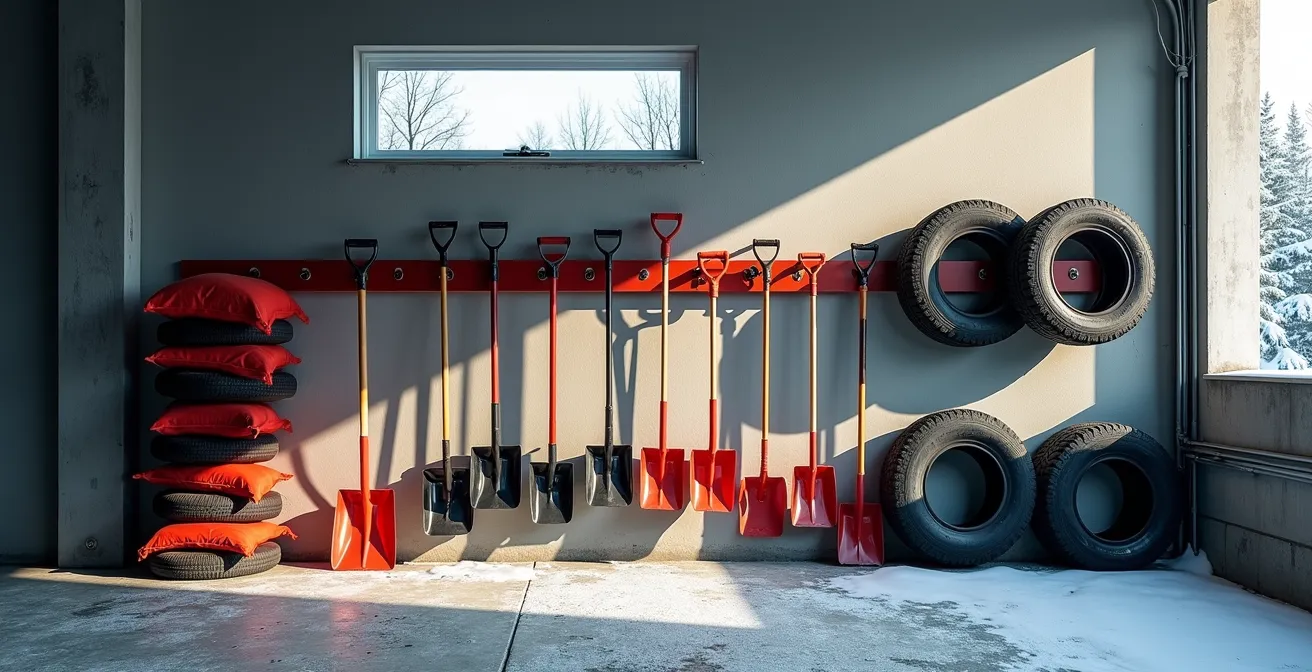 Garage québécois organisé avec système de rails muraux Proslat et équipement d'hiver