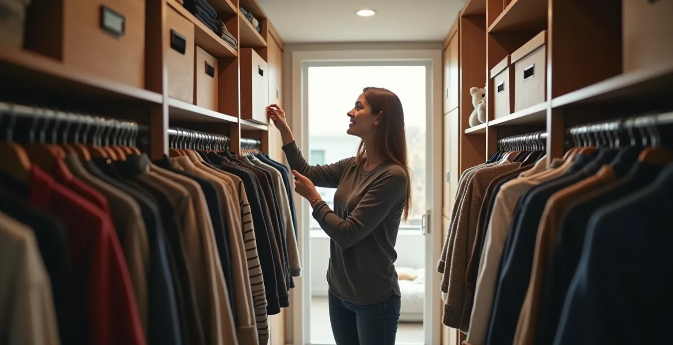 Système de garde-robe avec tringles superposées et tiroirs modulaires dans une chambre québécoise
