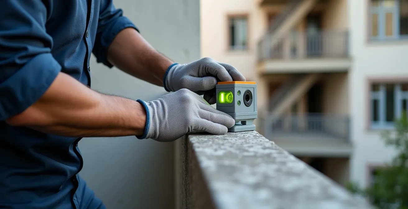 Ingénieur inspectant un balcon d'immeuble résidentiel au Québec avec équipement de mesure