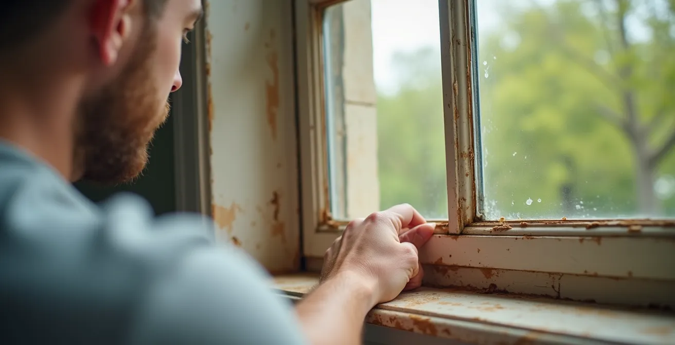 Gros plan sur une main inspectant le calfeutrage autour d'une fenêtre avec lumière naturelle révélant les fissures