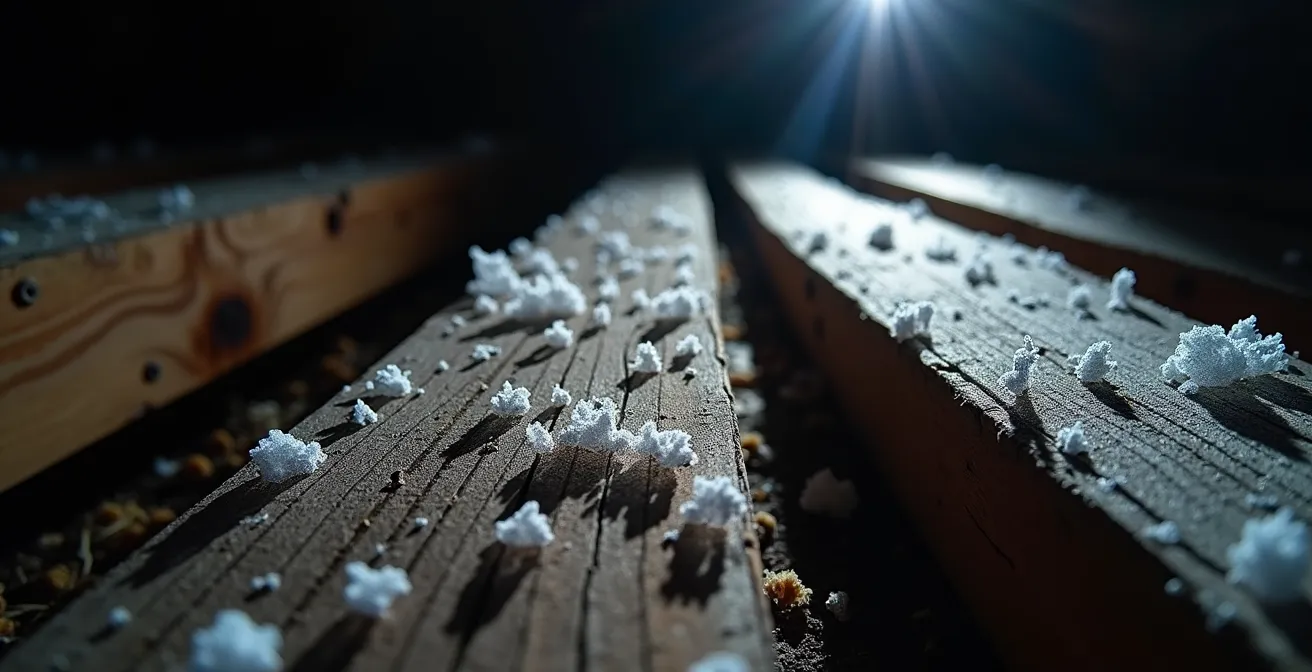 Vue de l'intérieur d'un entretoit québécois en hiver montrant du givre sur les clous et les signes de pourriture du bois