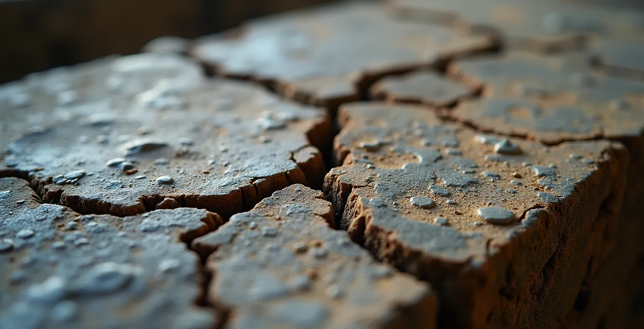 Gros plan sur une fondation en pierre d'une maison centenaire montrant des fissures et traces d'humidité