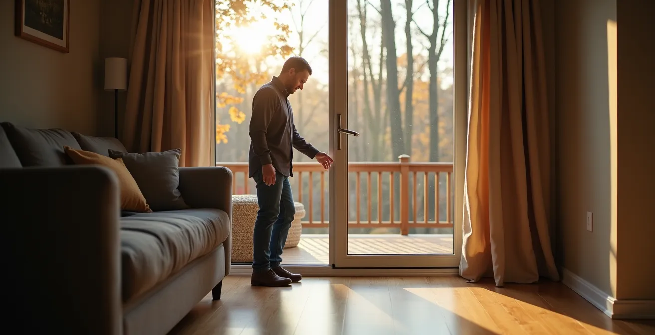Vue intérieure d'une porte-patio triple vitrage donnant sur terrasse en bois avec jardin québécois
