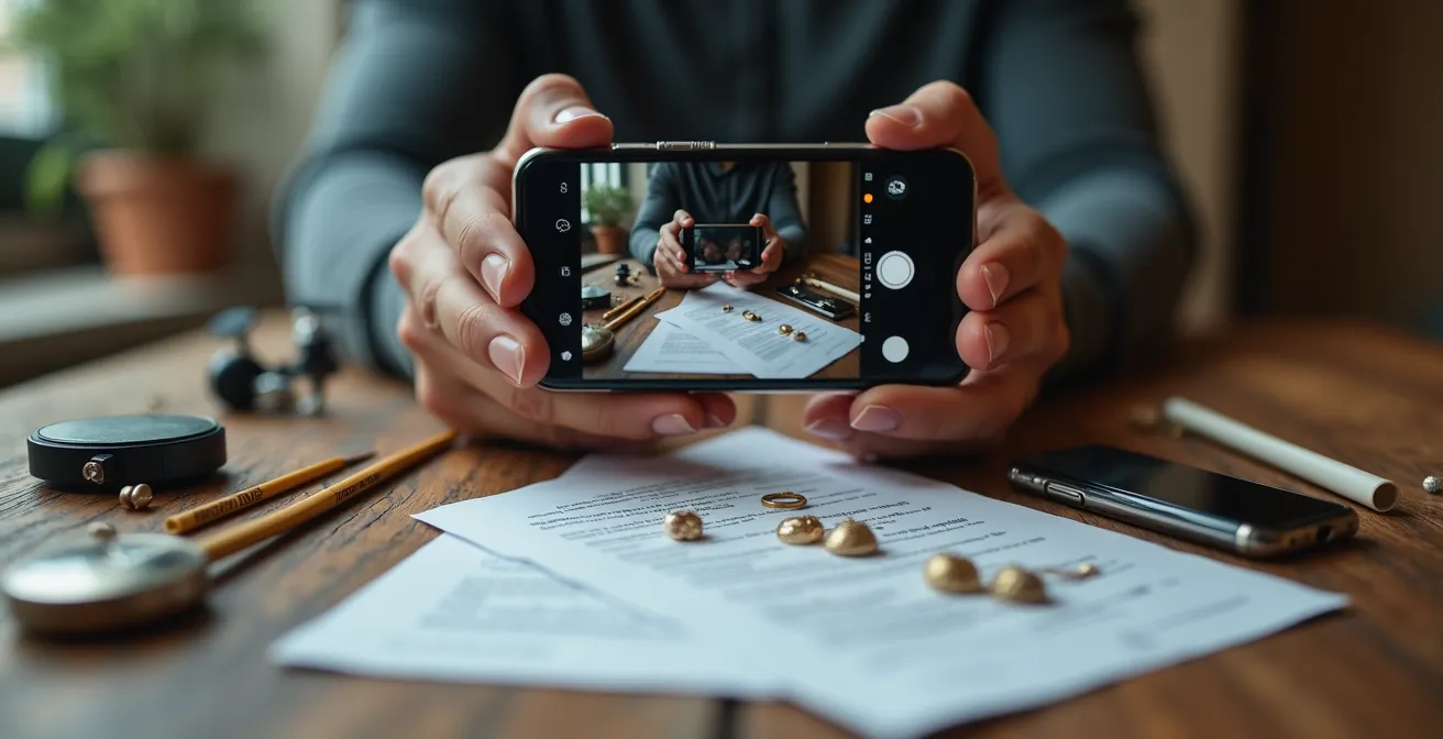 Personne filmant méthodiquement ses biens avec son téléphone intelligent, avec des documents et factures posés sur une table