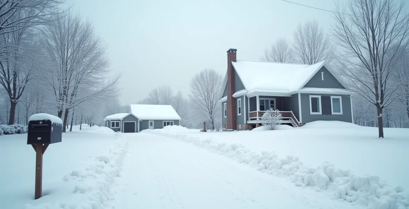 Maison québécoise enneigée vue de l'extérieur avec accumulation de neige sur le toit