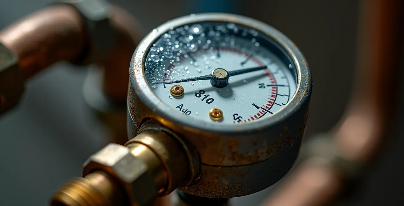 Gros plan macro d'un manomètre installé sur une conduite d'eau montrant l'aiguille de pression