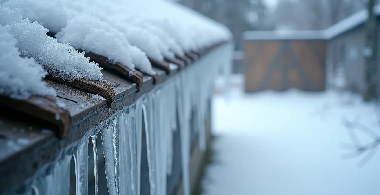 Vue détaillée du mécanisme de formation d'un barrage de glace sur un toit québécois
