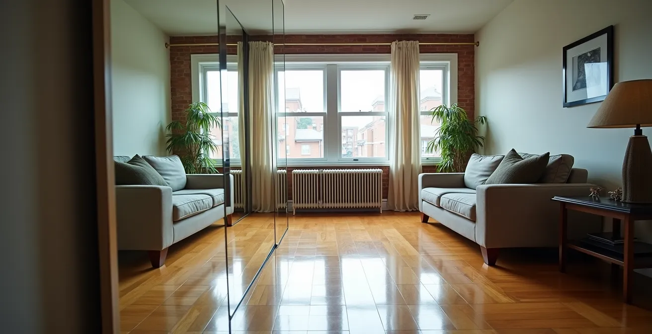 Salon montréalais avec grand miroir mural créant illusion de profondeur et luminosité naturelle amplifiée