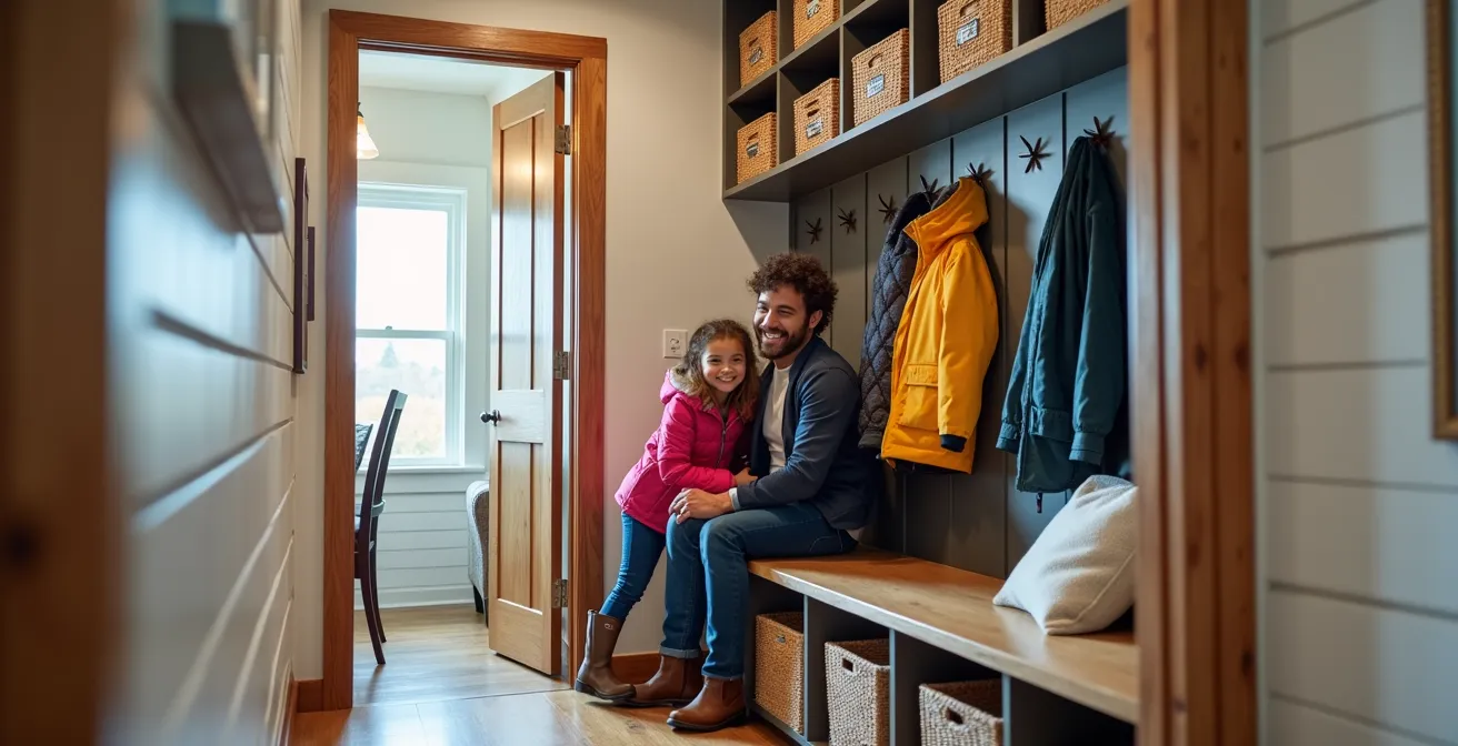 Vestiaire familial organisé avec compartiments individuels et banc en bois dans une entrée québécoise