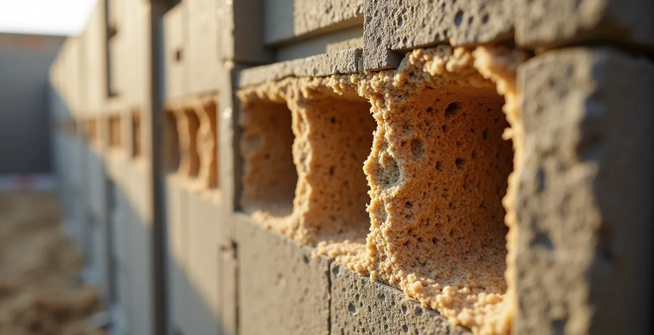 Vue en coupe d'un mur en béton de chanvre, mettant en évidence sa texture fibreuse et ses propriétés isolantes naturelles.