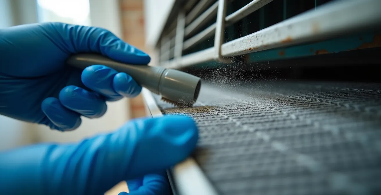 Gros plan sur les mains d'un technicien nettoyant les filtres d'une unité de climatisation murale