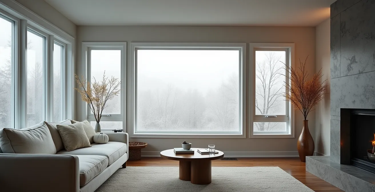 Vue large d'un salon québécois en hiver avec fenêtres givrées et échangeur d'air visible