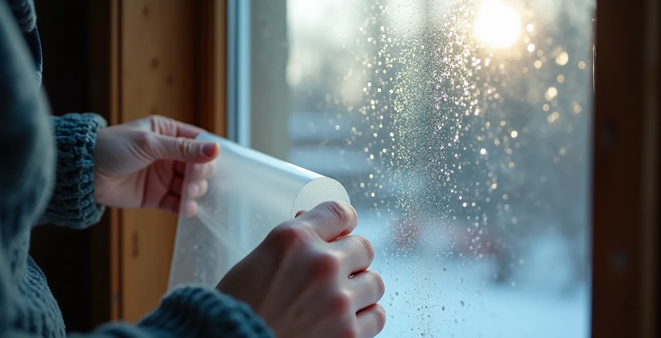 Installation d'une pellicule plastique isolante sur une fenêtre en hiver