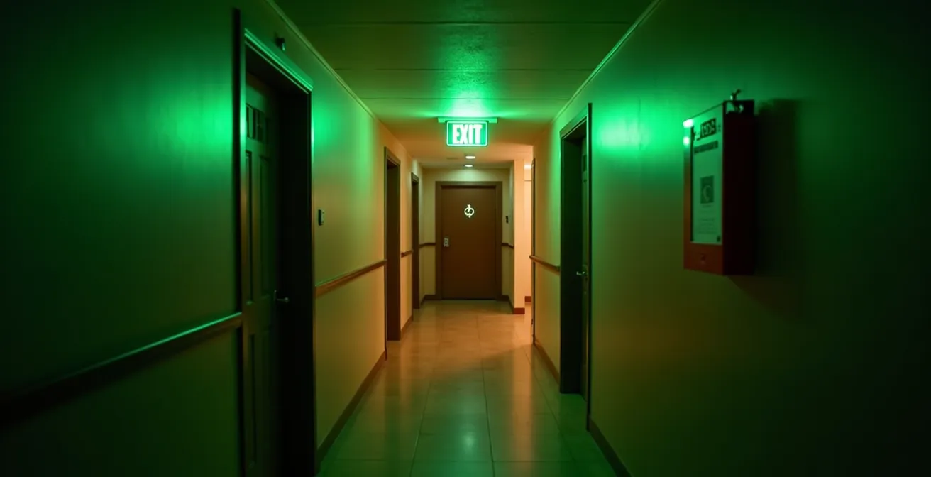 Vue d'un couloir d'immeuble avec éclairage d'urgence et sortie de secours visible