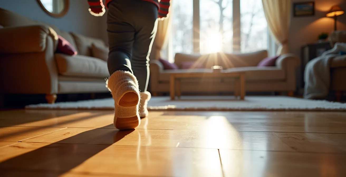 Plancher d'ingénierie dans un intérieur québécois moderne avec vue sur l'hiver