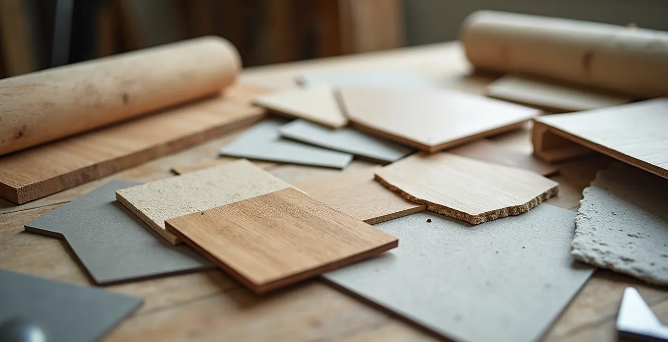 Vue macro détaillée d'outils de planification et de matériaux de construction avec textures naturelles