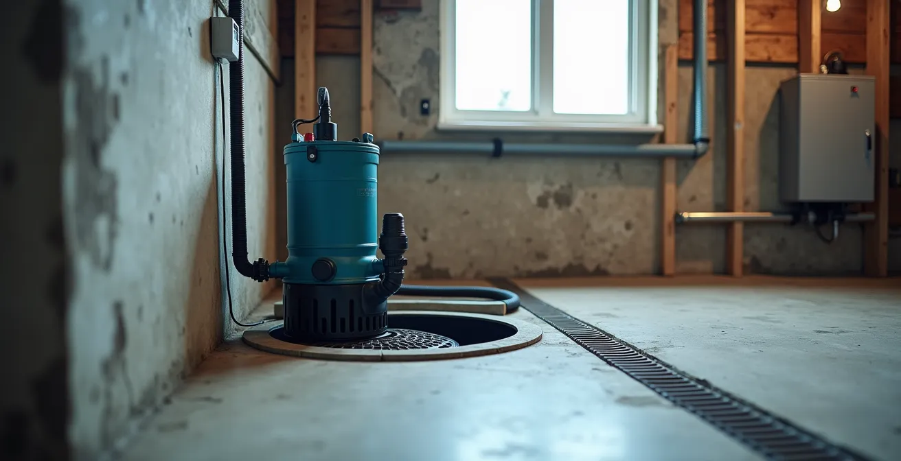 Vue large d'un sous-sol québécois avec système de pompe de puisard et équipement de secours