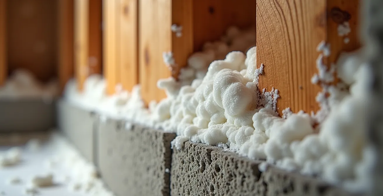 Vue en coupe d'une solive de rive montrant l'isolation à l'uréthane