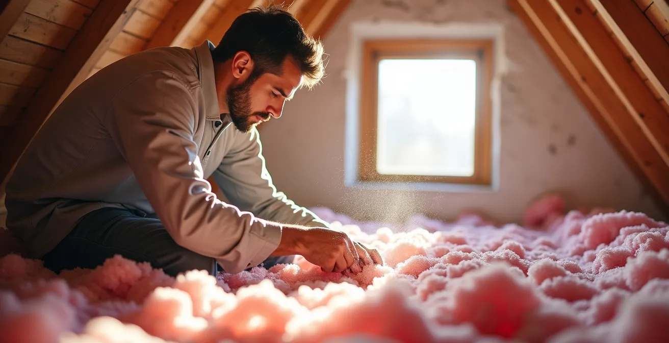 Vue grand angle d'un grenier en cours d'isolation avec matériaux écologiques visibles