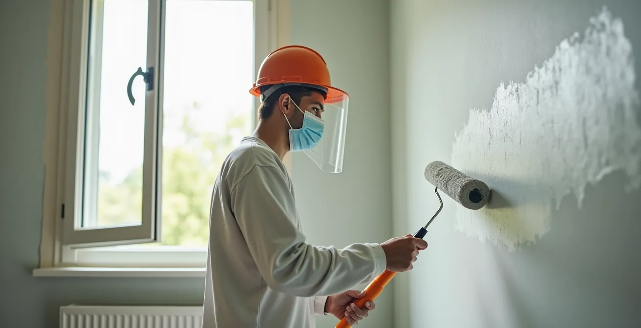 Personne appliquant de la peinture écologique dans une pièce bien ventilée avec échangeur d'air visible