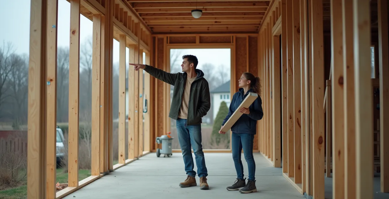 Scène montrant les risques d'aider sur un chantier familial sans licence au Québec, avec deux personnes travaillant sur une structure exposée.