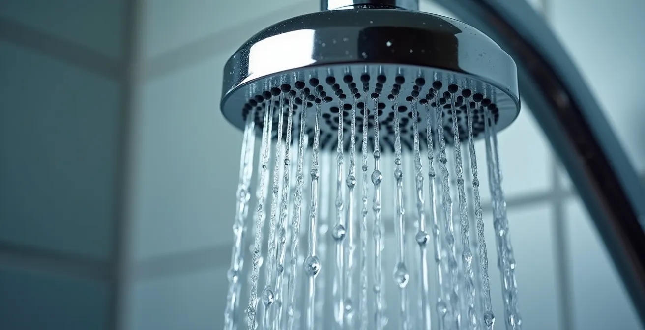 Gros plan sur une pomme de douche moderne avec un jet d'eau puissant démontrant une excellente pression malgré un faible débit.