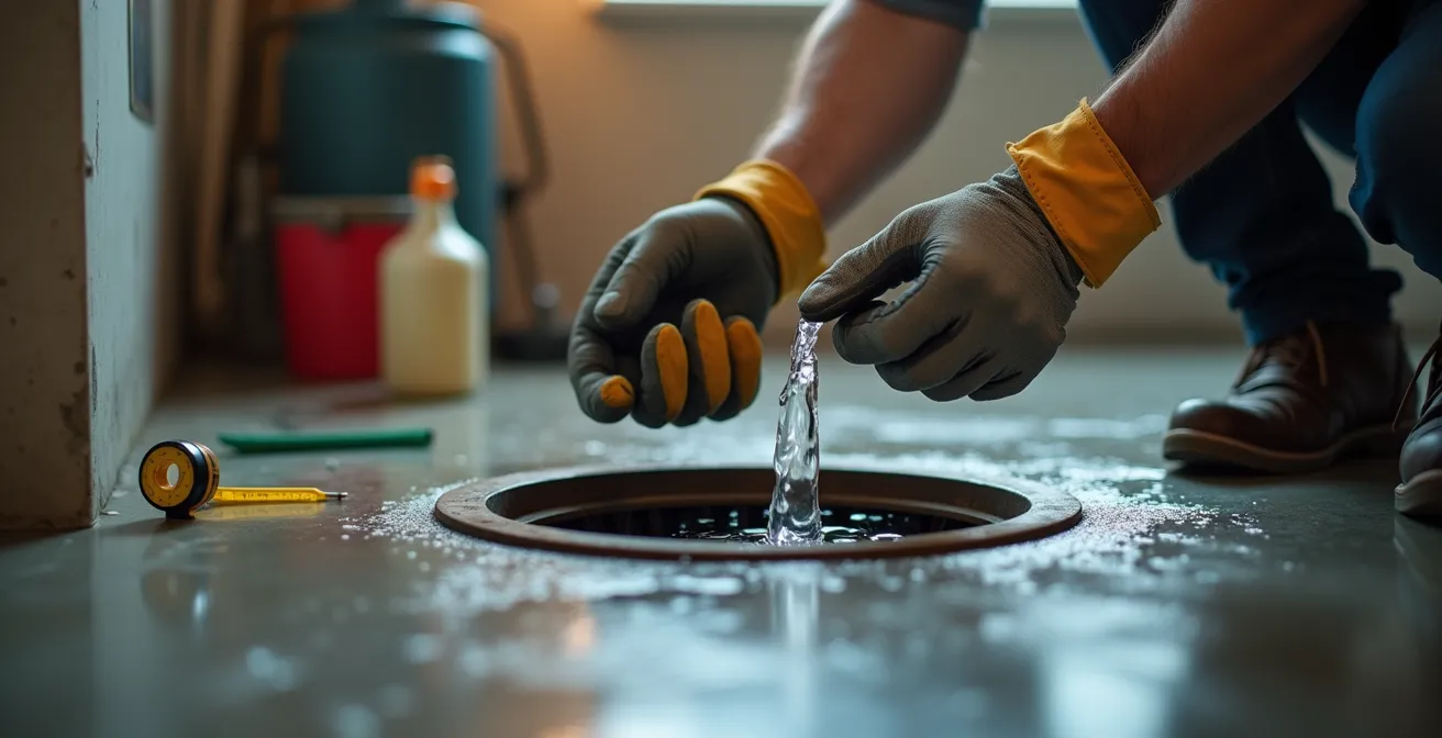 Vue en plongée d'un drain de plancher dans un sous-sol en béton